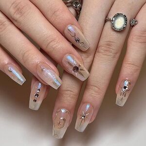 Coffin Press on Nails Medium Star Moon Rhinestone Designs Manicure Design